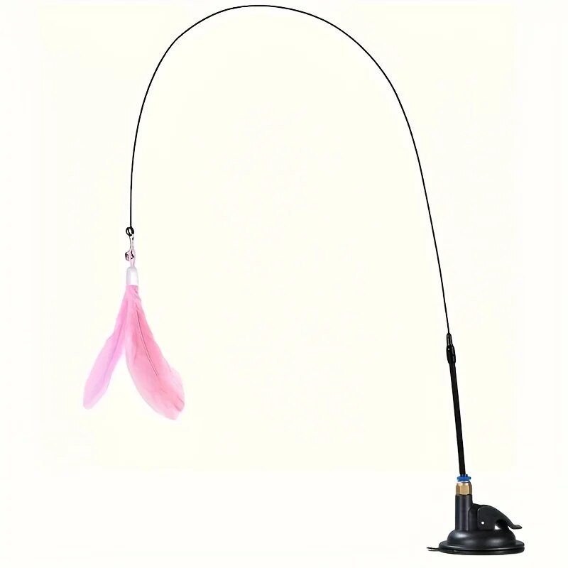 Long Suction Cup Pole Interactive Bell and Feather Wand Cat Teaser Toy