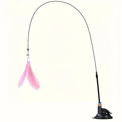 Long Suction Cup Pole Interactive Bell and Feather Wand Cat Teaser Toy